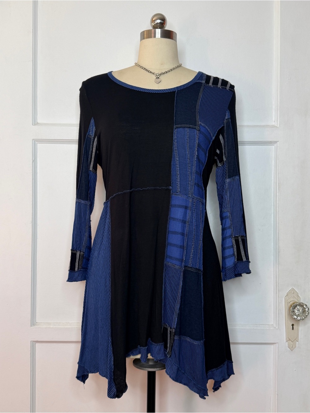 Black and blue patchwork stripe tee